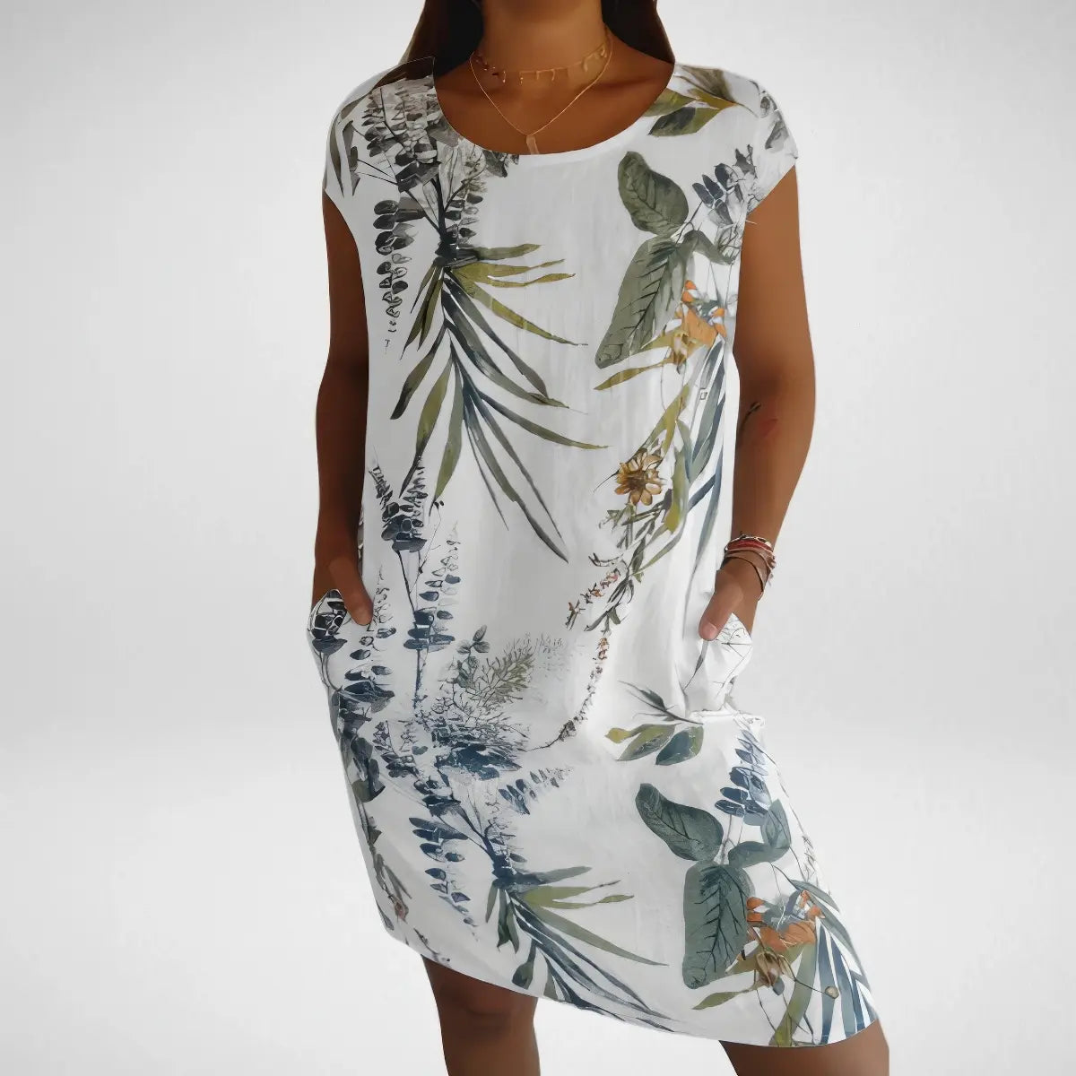 Fenna™ | Zomerjurk Met Ronde Hals, Zakjes, Bladrijke Elegantie